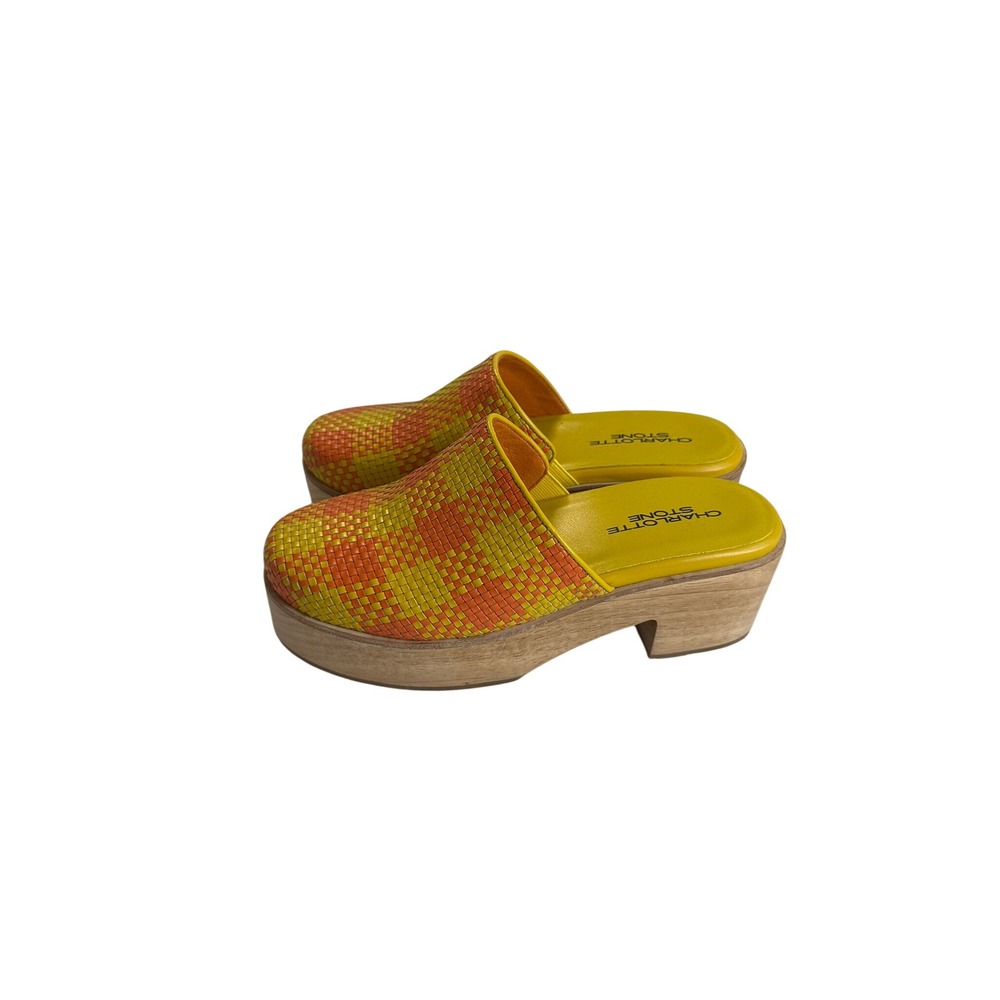 Charlotte Stone Woven Platform Clogs Women 7 Yellow Orange Excellent Wood Mules
